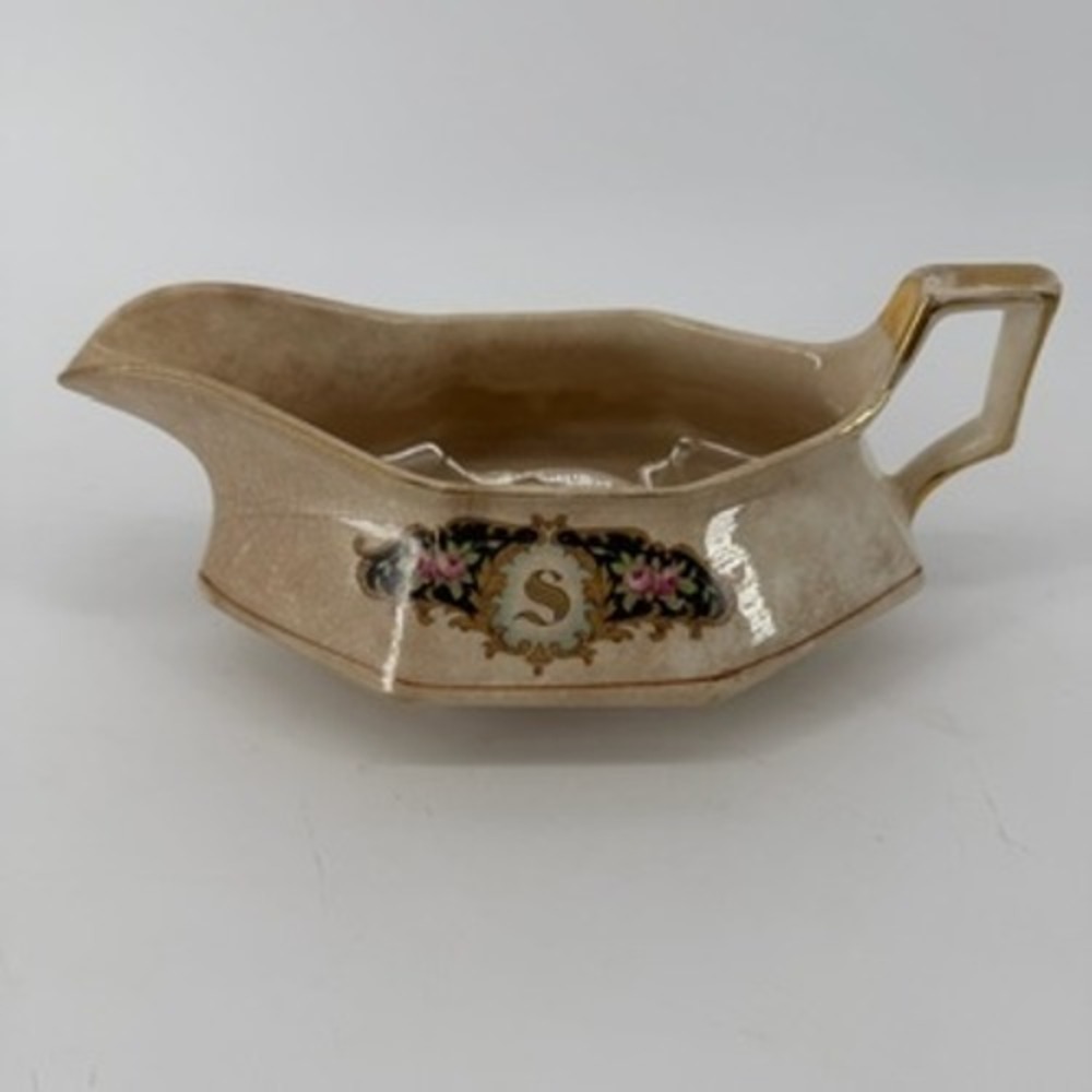 Antique Sebring Pottery Co Monogram S Gravy Boat Floral Crest Gold Trim A 23